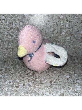 Vintage Eden Terry Cloth Duck Bird Baby Rattle Plush Pastel Pink White Yellow 5"